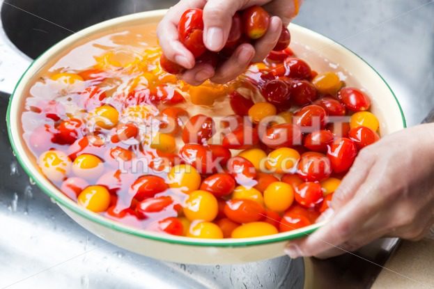 Hand washing cherry tomato with running water in household sink - ThamKC Royalty-Free Photos