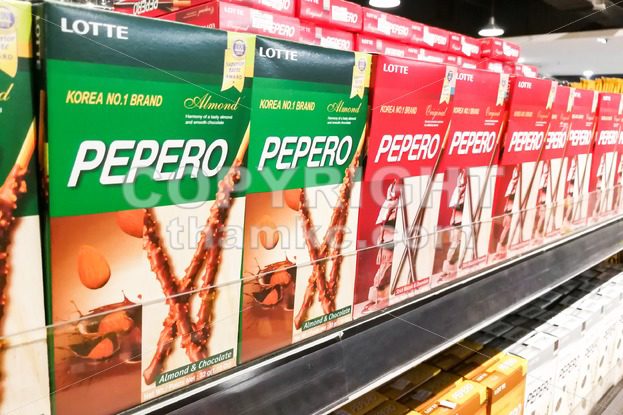 KUALA LUMPUR, Malaysia, June 25, 2017:  Pepero is a cookie stick, dipped in compound chocolate, manufactured by Lotte Confectionery in South Korea since 1983. Available in Malaysia - ThamKC Royalty-Free Photos