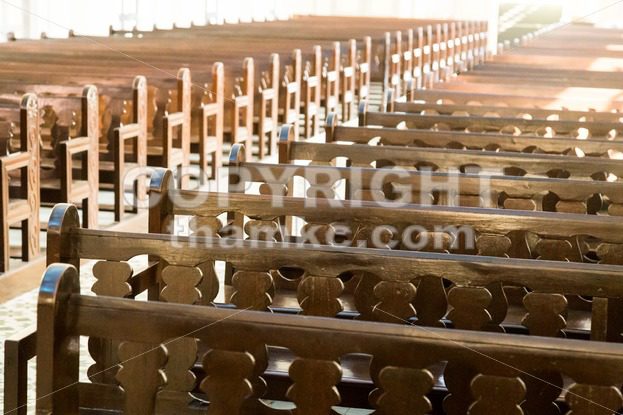 Rows of empty pew benches inside chapel church - ThamKC Royalty-Free Photos