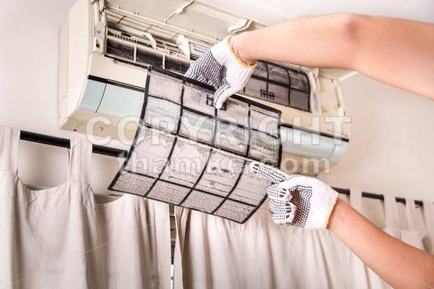 Technician pointing to air conditioner filter full of trapped dust - ThamKC Royalty-Free Photos